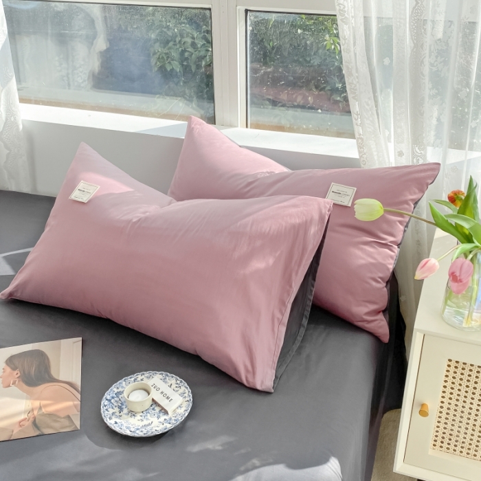 91家纺网 家纺一手货源 找家纺 秀色2025新款小清新40支水洗全棉纯色双拼四件套ins风 豆沙深灰