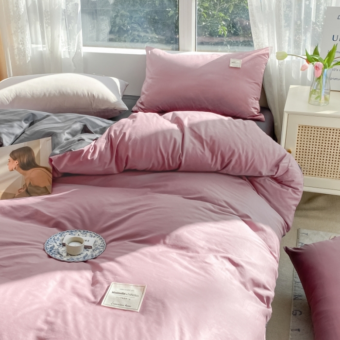 91家纺网 家纺一手货源 找家纺 秀色2025新款小清新40支水洗全棉纯色双拼四件套ins风 豆沙深灰