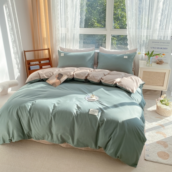 91家纺网 家纺一手货源 找家纺 秀色2025新款小清新40支水洗全棉纯色双拼四件套ins风 果绿+卡其