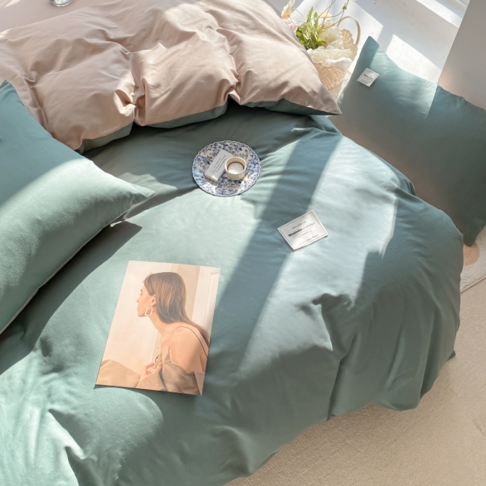 91家纺网 家纺一手货源 找家纺 秀色2025新款小清新40支水洗全棉纯色双拼四件套ins风 果绿+卡其