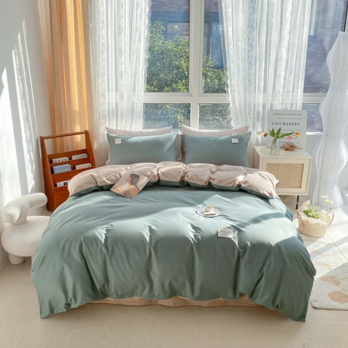 91家纺网 家纺一手货源 找家纺 秀色2025新款小清新40支水洗全棉纯色双拼四件套ins风 果绿+卡其