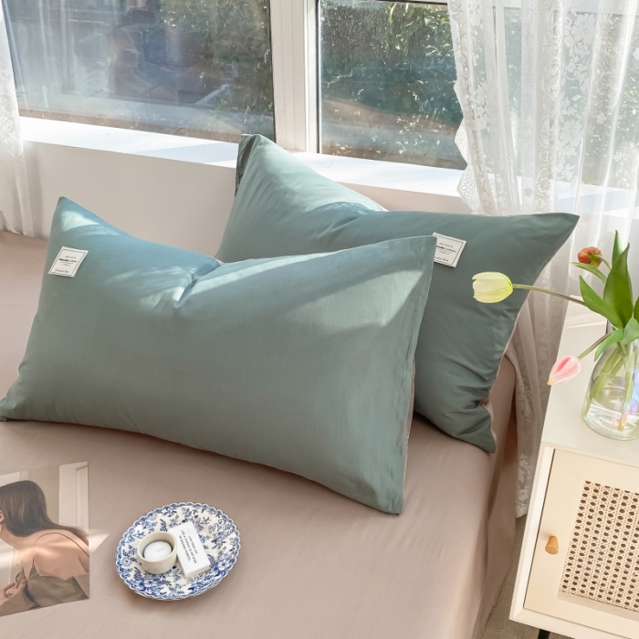 91家纺网 家纺一手货源 找家纺 秀色2025新款小清新40支水洗全棉纯色双拼四件套ins风 果绿+卡其