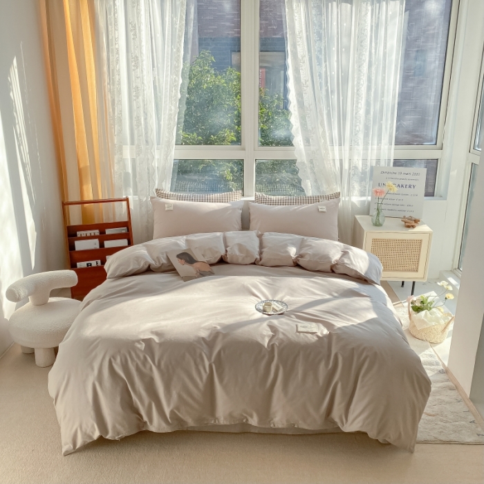 91家纺网 家纺一手货源 找家纺 秀色2025新款小清新40支水洗全棉纯色双拼四件套ins风 米驼