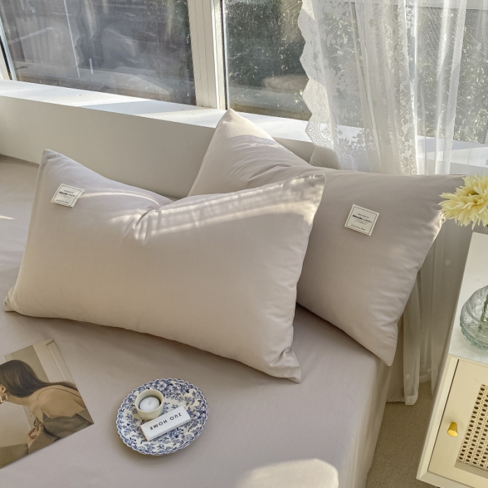 91家纺网 家纺一手货源 找家纺 秀色2025新款小清新40支水洗全棉纯色双拼四件套ins风 米驼