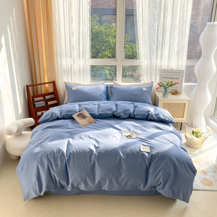 91家纺网 家纺一手货源 找家纺 秀色2025新款小清新40支水洗全棉纯色双拼四件套ins风 牛仔蓝