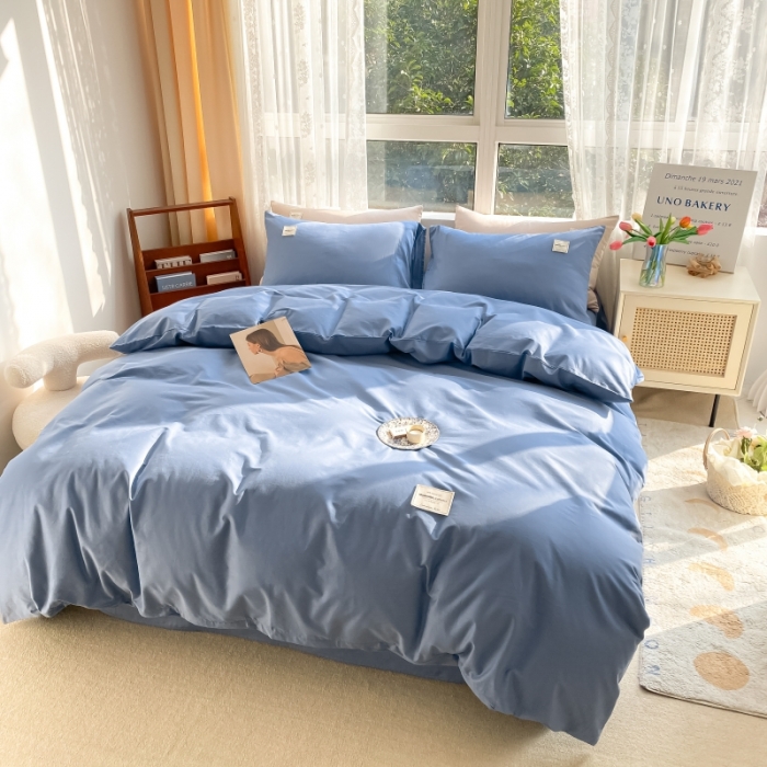 91家纺网 家纺一手货源 找家纺 秀色2025新款小清新40支水洗全棉纯色双拼四件套ins风 牛仔蓝