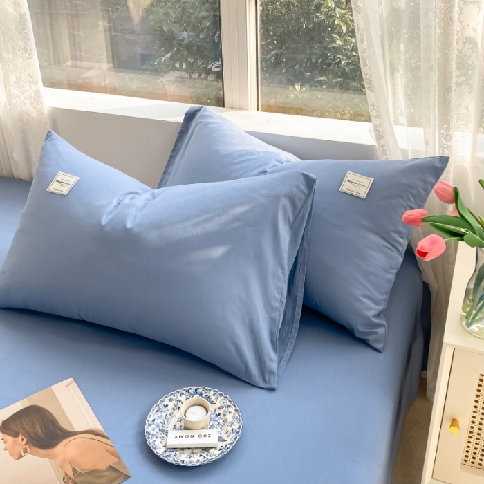 91家纺网 家纺一手货源 找家纺 秀色2025新款小清新40支水洗全棉纯色双拼四件套ins风 牛仔蓝