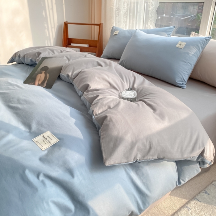 91家纺网 家纺一手货源 找家纺 秀色2025新款小清新40支水洗全棉纯色双拼四件套ins风 浅蓝+浅灰