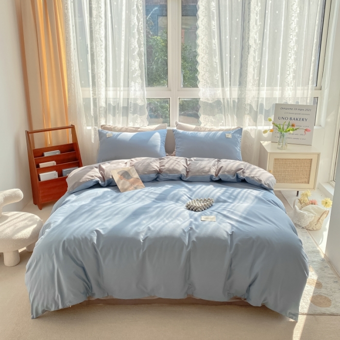 91家纺网 家纺一手货源 找家纺 秀色2025新款小清新40支水洗全棉纯色双拼四件套ins风 浅蓝+浅灰
