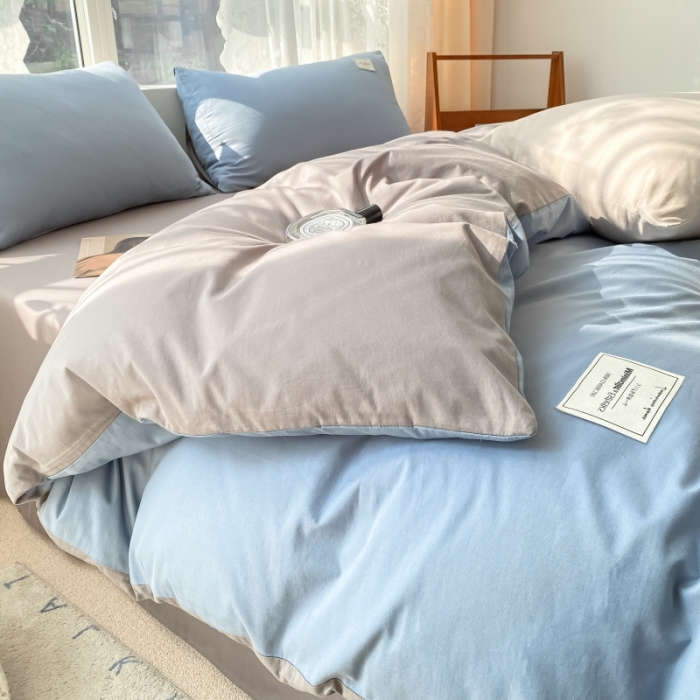 91家纺网 家纺一手货源 找家纺 秀色2025新款小清新40支水洗全棉纯色双拼四件套ins风 浅蓝+浅灰