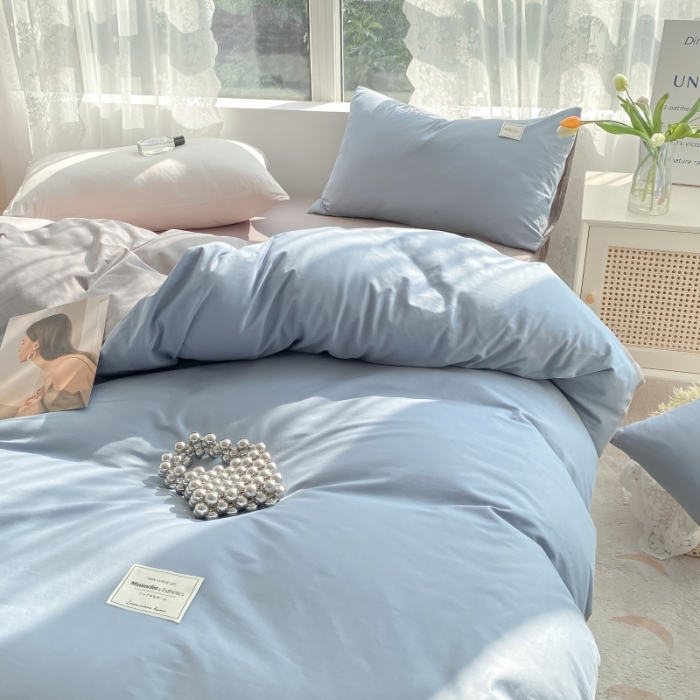 91家纺网 家纺一手货源 找家纺 秀色2025新款小清新40支水洗全棉纯色双拼四件套ins风 浅蓝+浅灰