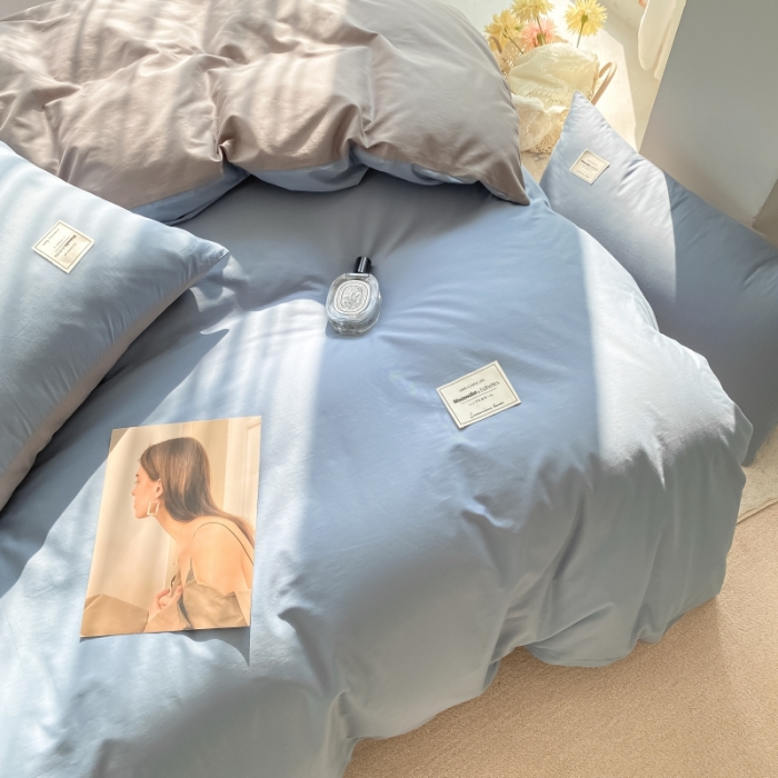 91家纺网 家纺一手货源 找家纺 秀色2025新款小清新40支水洗全棉纯色双拼四件套ins风 浅蓝+浅灰