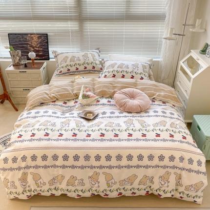 91家纺网 家纺一手货源 找家纺 昔可家纺 2022新款13070工艺款全棉四件套 蓝花兔