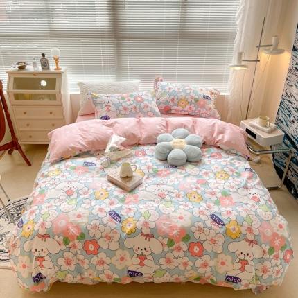 91家纺网 家纺一手货源 找家纺 昔可家纺 2022新款13070工艺款全棉四件套 蓝樱花兔