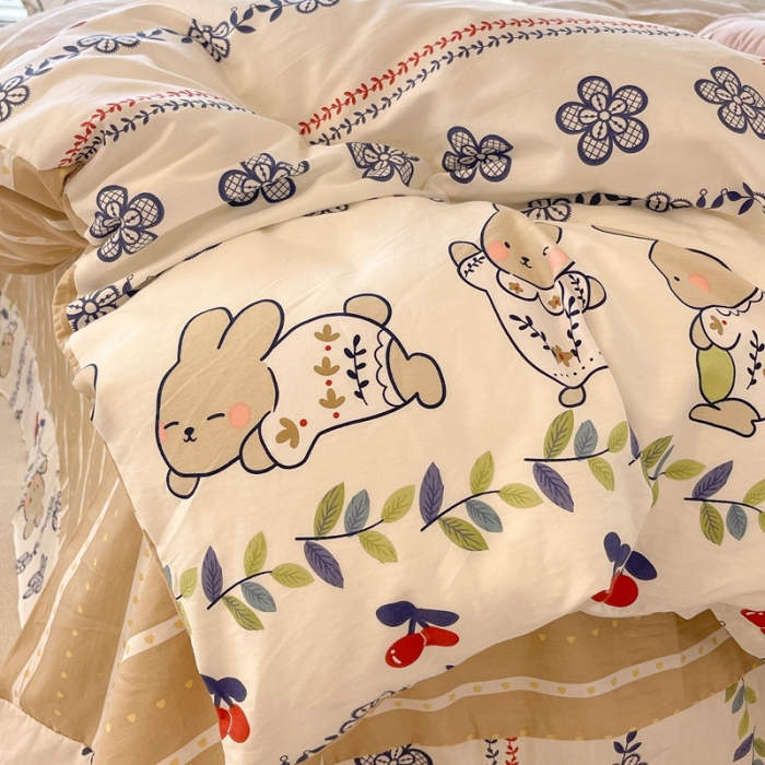 91家纺网 家纺一手货源 找家纺 昔可家纺 2022新款13070工艺款全棉四件套 蓝花兔