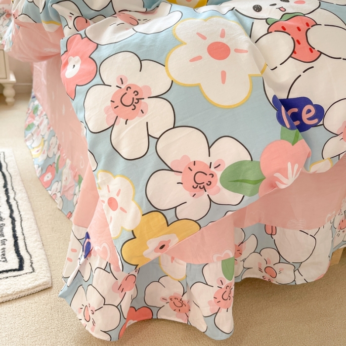 91家纺网 家纺一手货源 找家纺 昔可家纺 2022新款13070工艺款全棉四件套 蓝樱花兔