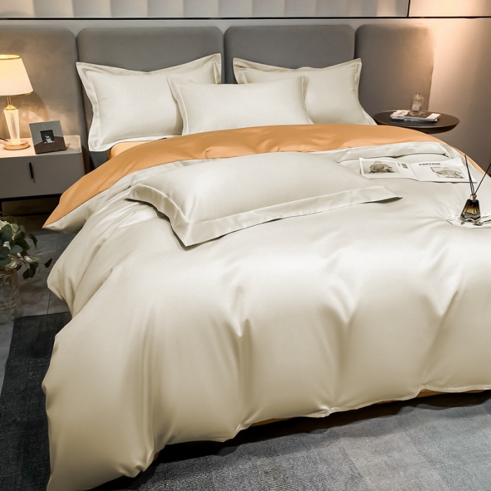 91家纺网 家纺一手货源 找家纺 （总）秀色2025新款50支贡缎纯色双拼四件套长绒棉套件单被套