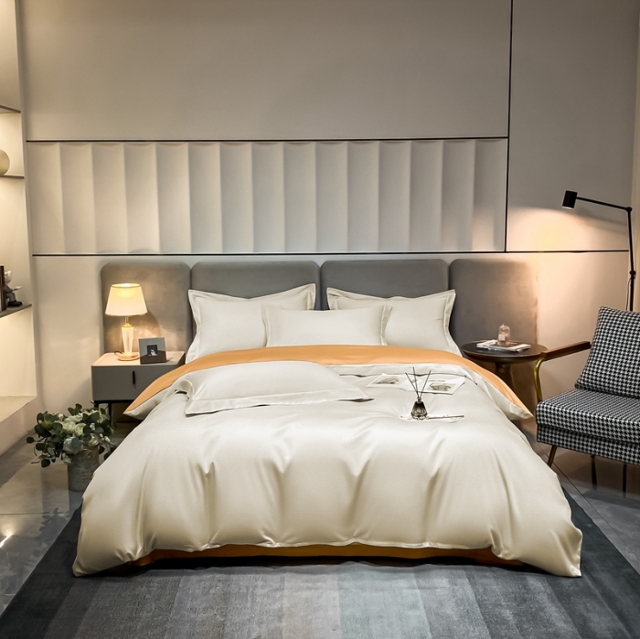 91家纺网 家纺一手货源 找家纺 （总）秀色2025新款50支贡缎纯色双拼四件套长绒棉套件单被套