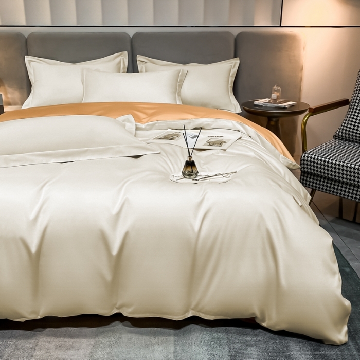91家纺网 家纺一手货源 找家纺 （总）秀色2025新款50支贡缎纯色双拼四件套长绒棉套件单被套