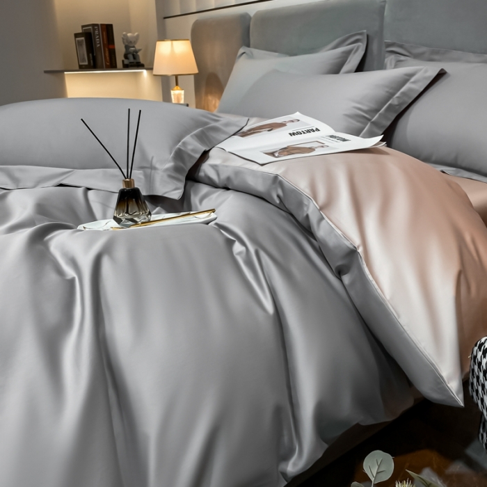 91家纺网 家纺一手货源 找家纺 秀色2025新款100支贡缎纯色单被套 雅克-典雅灰／粉末白