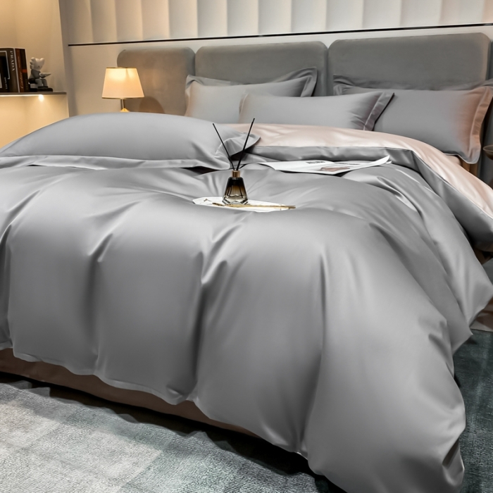 91家纺网 家纺一手货源 找家纺 秀色2025新款100支贡缎纯色单被套 雅克-典雅灰／粉末白