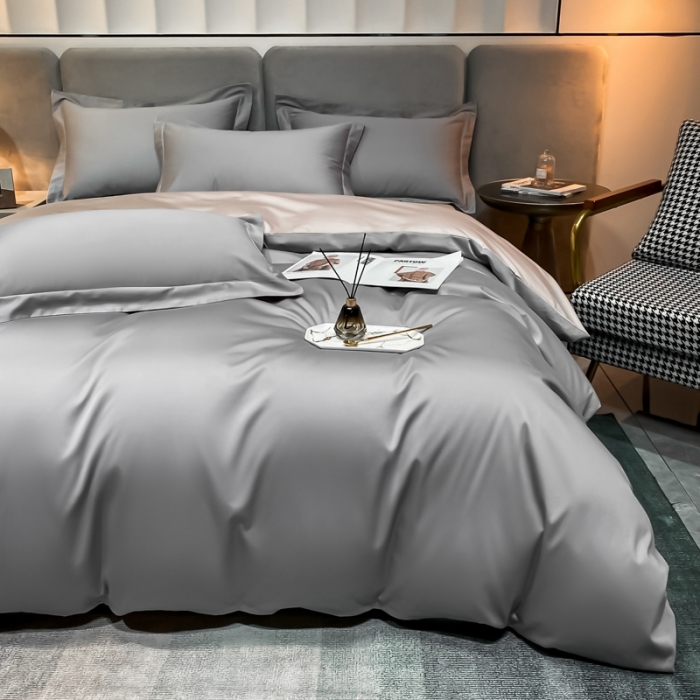 91家纺网 家纺一手货源 找家纺 秀色2025新款100支贡缎纯色单被套 雅克-典雅灰／粉末白