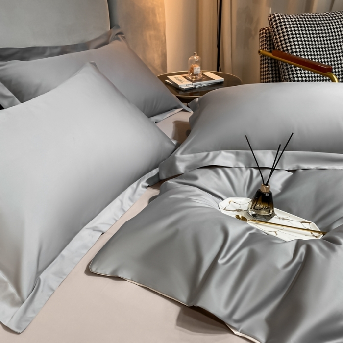 91家纺网 家纺一手货源 找家纺 秀色2025新款100支贡缎纯色单被套 雅克-典雅灰／粉末白