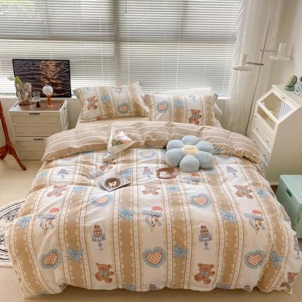 昔可家纺 2022新款13070工艺款全棉四件套竖条蛋糕熊咖