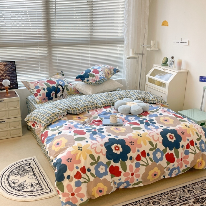 91家纺网 家纺一手货源 找家纺 昔可家纺 2022新款13070工艺款全棉四件套 水彩花