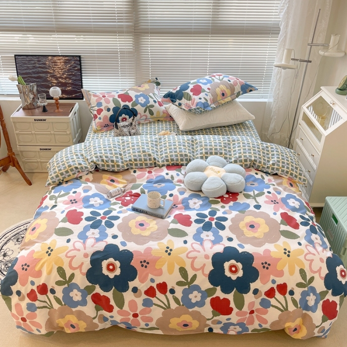 91家纺网 家纺一手货源 找家纺 昔可家纺 2022新款13070工艺款全棉四件套 水彩花