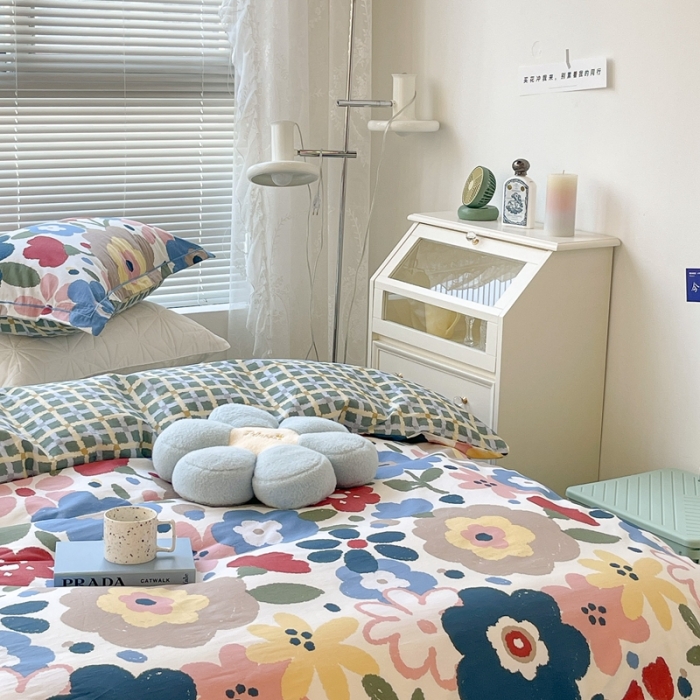 91家纺网 家纺一手货源 找家纺 昔可家纺 2022新款13070工艺款全棉四件套 水彩花