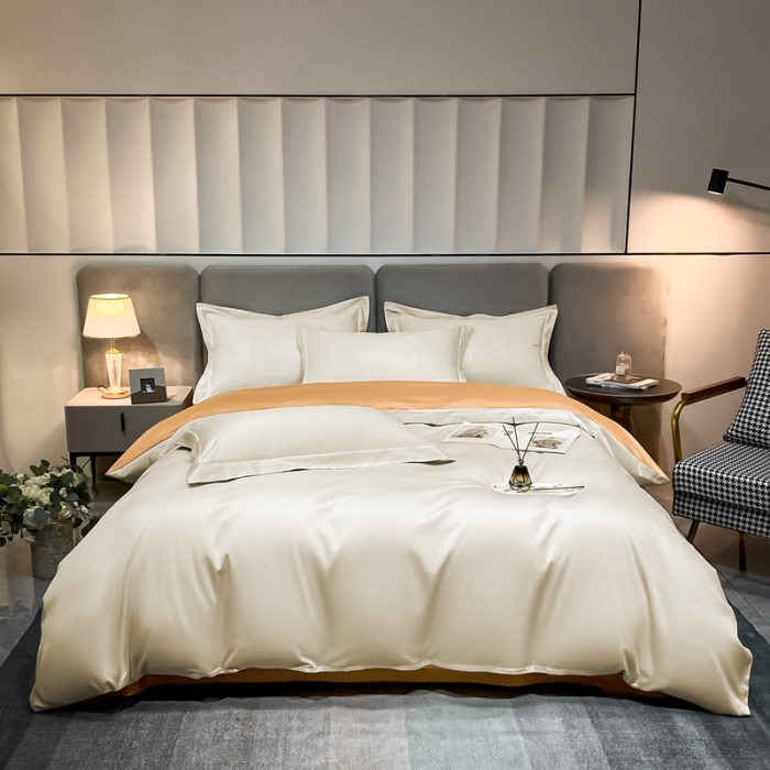 91家纺网 家纺一手货源 找家纺 秀色100支贡缎纯色双拼长绒棉单被套 雅克-浅驼／南瓜桔