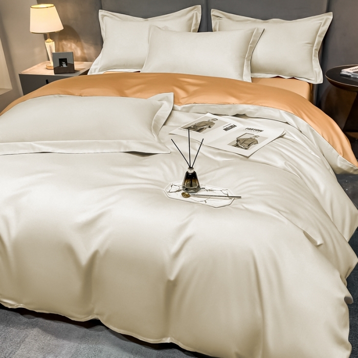 91家纺网 家纺一手货源 找家纺 秀色100支贡缎纯色双拼长绒棉单被套 雅克-浅驼／南瓜桔