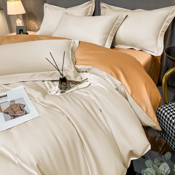 91家纺网 家纺一手货源 找家纺 秀色100支贡缎纯色双拼长绒棉单被套 雅克-浅驼／南瓜桔