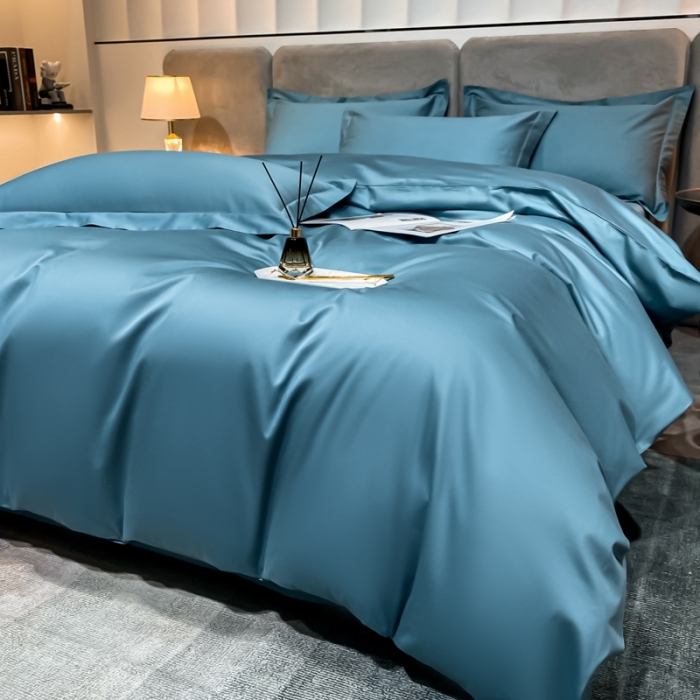 91家纺网 家纺一手货源 找家纺 秀色2025新款100支贡缎纯色双拼套件单被套 雅克-雾霾蓝