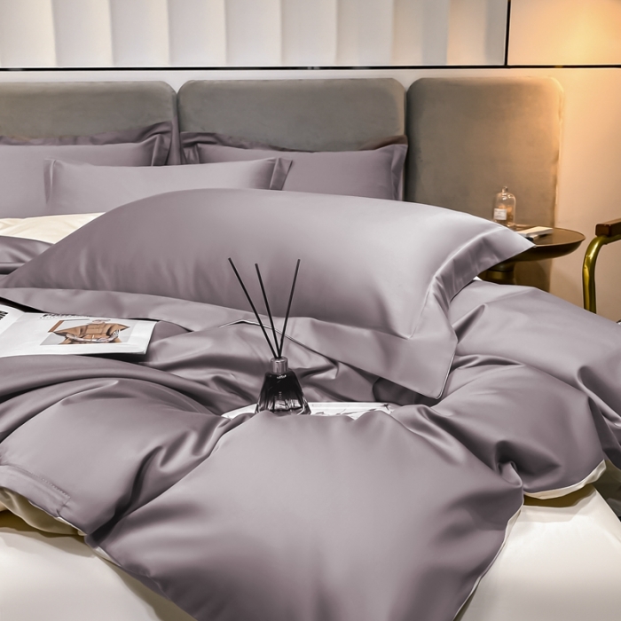 91家纺网 家纺一手货源 找家纺 秀色100支贡缎纯色双拼长绒棉单被套 雅克-香芋紫／浅驼