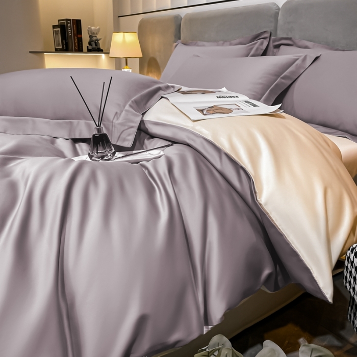 91家纺网 家纺一手货源 找家纺 秀色100支贡缎纯色双拼长绒棉单被套 雅克-香芋紫／浅驼