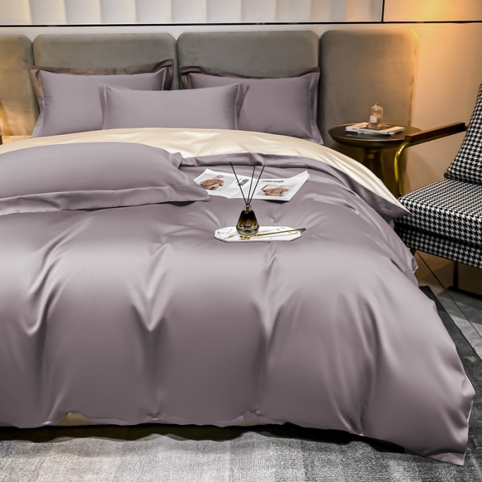 91家纺网 家纺一手货源 找家纺 秀色100支贡缎纯色双拼长绒棉单被套 雅克-香芋紫／浅驼