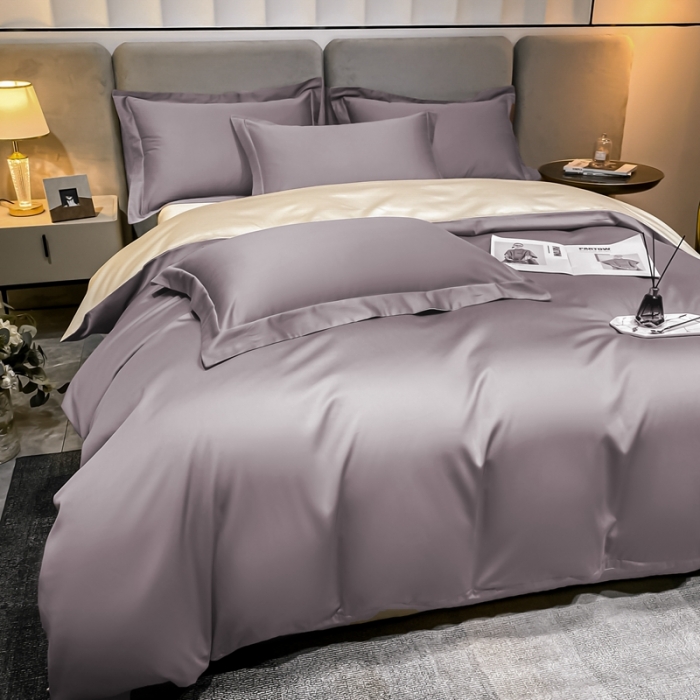 91家纺网 家纺一手货源 找家纺 秀色100支贡缎纯色双拼长绒棉单被套 雅克-香芋紫／浅驼