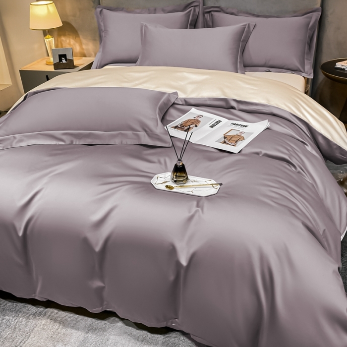 91家纺网 家纺一手货源 找家纺 秀色100支贡缎纯色双拼长绒棉单被套 雅克-香芋紫／浅驼