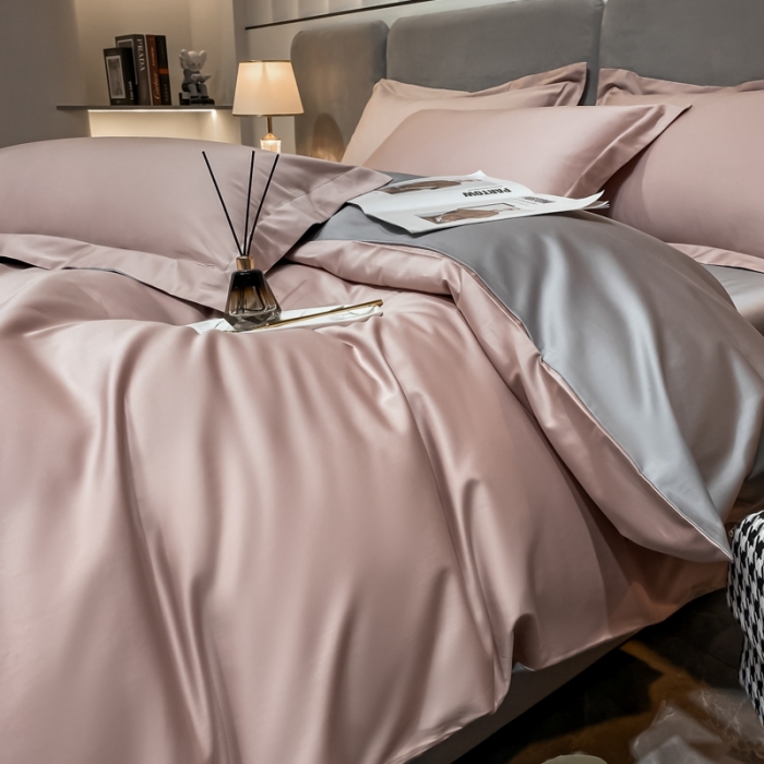 91家纺网 家纺一手货源 找家纺 秀色2025新款100支贡缎双拼单被套 雅克-玉颜粉／典雅灰