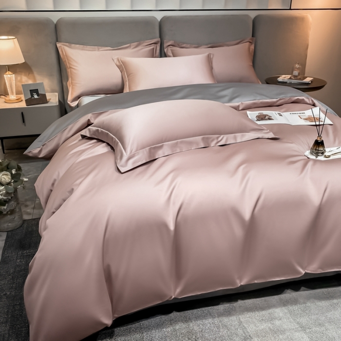 91家纺网 家纺一手货源 找家纺 秀色2025新款100支贡缎双拼单被套 雅克-玉颜粉／典雅灰