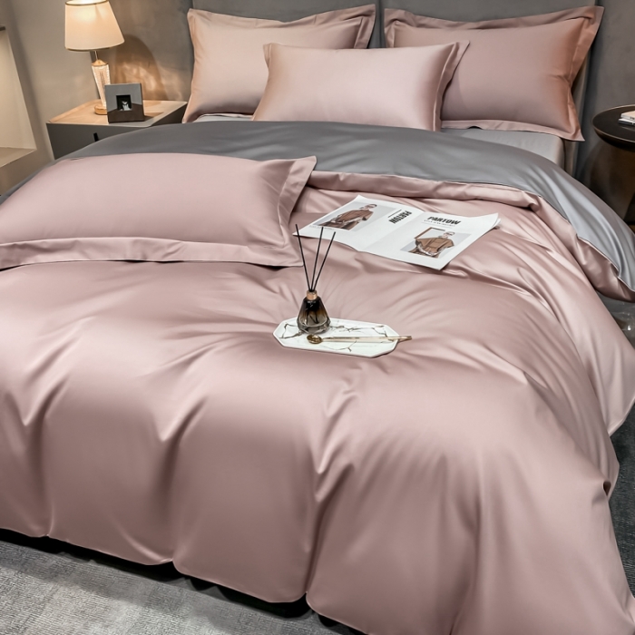 91家纺网 家纺一手货源 找家纺 秀色2025新款100支贡缎双拼单被套 雅克-玉颜粉／典雅灰