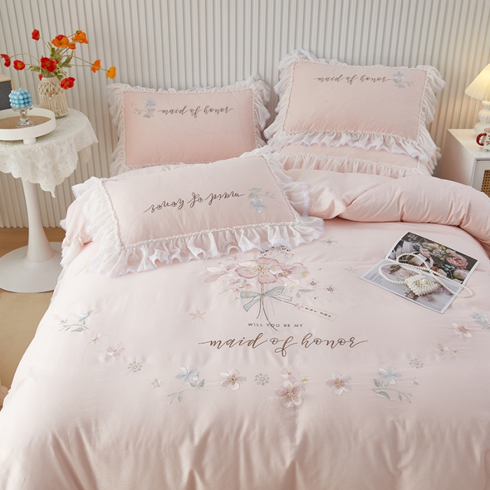 91家纺网 家纺一手货源 找家纺 (总)2025 亲亲公主新款全棉韩版绣花蕾丝公主风四件套