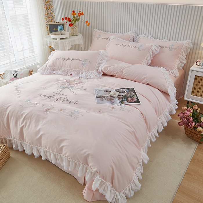 91家纺网 家纺一手货源 找家纺 (总)2025 亲亲公主新款全棉韩版绣花蕾丝公主风四件套