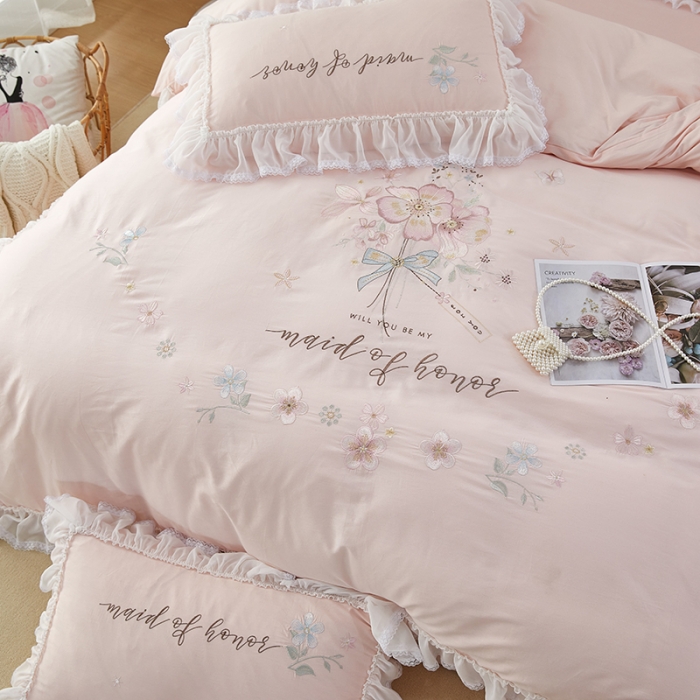 91家纺网 家纺一手货源 找家纺 (总)2025 亲亲公主新款全棉韩版绣花蕾丝公主风四件套