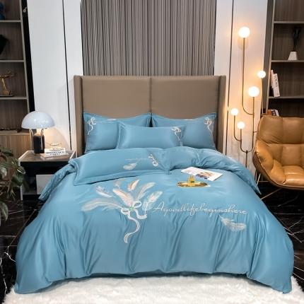 91家纺网 家纺一手货源 找家纺 爱家 2023新款高精密刺绣四件套-羽叶 羽叶-宾利蓝