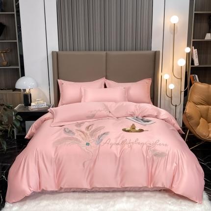 91家纺网 家纺一手货源 找家纺 爱家 2023新款高精密刺绣四件套-羽叶 羽叶-樱花粉