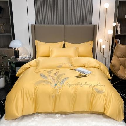 91家纺网 家纺一手货源 找家纺 爱家 2023新款高精密刺绣四件套-羽叶 羽叶-芥末黄