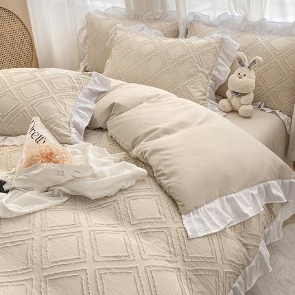 91家纺网 家纺一手货源 找家纺 澳梵家居2022新款韩式立体剪花小清新水洗全棉四件套泡芙卡其